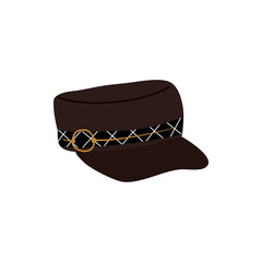 Black leather biker female hat with gold chain resting. Flat vector illustration.