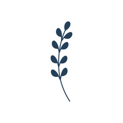 Blue hand drawn flat vector branch with leaves for winter and autumn decoration. Doodle vector illustration.