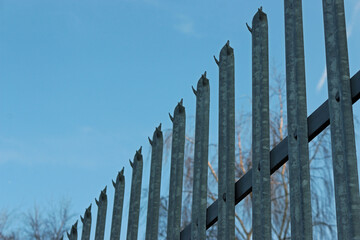 Metal palisade security fencing - obrazy, fototapety, plakaty