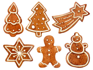 Christmas gingerbread painted in watercolor. Christmas. Clipart of watercolor gingerbread 6 pieces.