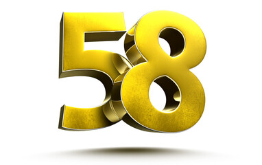 Gold numbers 58 isolated on white background illustration 3D rendering.(with Clipping Path).