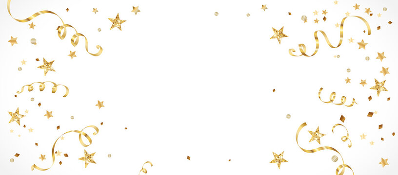 Celebration background with decoration isolated on white. Falling confetti, holiday border. Festive golden frame. For Christmas, New Year banners, birthday or wedding invitations, party flyers. Vector