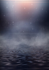 Empty futuristic dramatic scene. Abstract dark landscape, street. Neon light fluid element. Night view, neon blue light. Fantasy background. 3D illustration