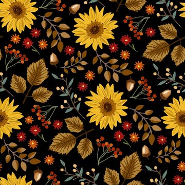 Autumn sunflowers with black background pattern. Maple leaves, sunflowers, flowers ditsy. Perfect for fall, Thanksgiving, holidays, fabric, textile. Seamless repeat swatch.