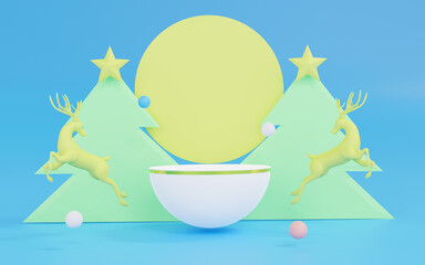 3d rendering of abstract Christmas  scene blue background and white podium with white reindeer. Cute Christmas and Happy New Year on pastel background for winter holiday