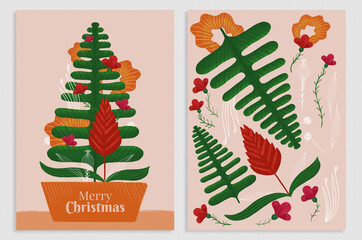 Alternative christmas tree card for plant lovers. Leaf in the shape of a Christmas tree. Stylized flowers.
