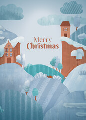 Winter house with snowy hills, hand drawn Christmas card. Merry Christmas background with pencil texture. digital illustration.