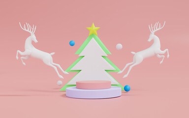 3d rendering of abstract Christmas  scene pink background and white podium with white reindeer. Cute Christmas and Happy New Year on pastel background for winter holiday