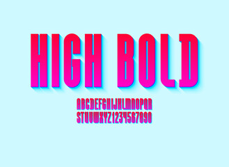 Red high font, condensed tall ultra bold alphabet sans serif, trendy uppercase Latin letters from A to Z and Arab numbers from 0 to 9, vector illustration 10EPS