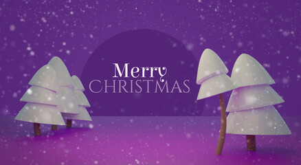 Merry christmas card with snowy trees on a violet background. 3d Winter evening design with snowflakes