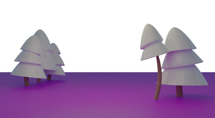 3d background of winter trees in the evening. Christmas and winter design, isolated on white background.