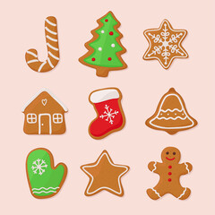 Christmas gingerbread cookies, set. Vector illustration in hand drawn, doodle style