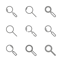 Vector set of magnifying glasses icons. Search symbol on a white background. Thin line style.