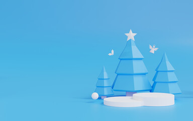 3d rendering of abstract Christmas tree scene blue background and white podium with star snowflake and gift box. Cute Christmas and Happy New Year on pastel background for winter holiday