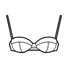 Balconette bra lingerie technical fashion illustration with full adjustable shoulder straps, molded cups, hook-and-eye closure. Flat brassiere front white color style. Women men underwear CAD mockup