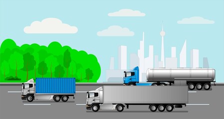 The movement of trucks on the road outside the city.
