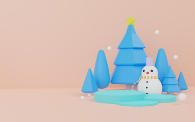 3d rendering of abstract Christmas tree scene blue background and white podium . Cute Christmas and Happy New Year on pastel background for winter holiday