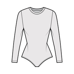 Stretch-jersey bodysuit technical fashion illustration with crew neck, long sleeves, fitted body. Flat one-piece underwear apparel template front, grey color. Women men unisex swimsuit CAD mockup