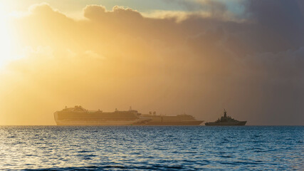 Fototapeta na wymiar View of Cruise ferry during the sunrise in Devon in England in Europe.