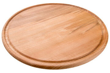 round wooden board for serving pizza or other food, on white background
