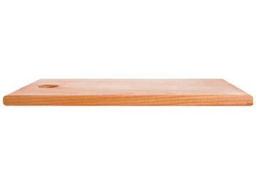 brown wooden cutting board, white background, side view, selective focus