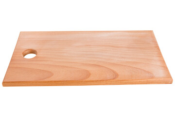 rectangular wooden cutting board, white background, side view, selective focus