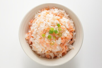 Japanese food, grilled salmon flak mixed rice and green onion