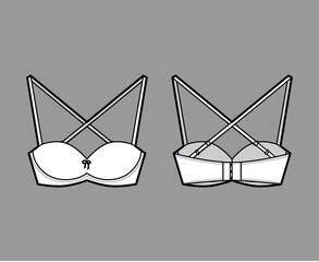 Bra convertible balconette lingerie technical fashion illustration with adjustable straps, hook-and-eye closure. Flat brassiere template front, back white color style. Women men underwear CAD mockup