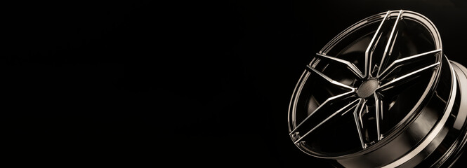 New black alloy wheels rim. Panoramic layout elongated for the site header or advertising, copy...