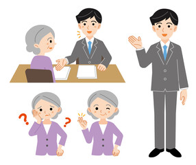 悩む高齢女性の相談に応えるスーツ姿の男性のイラストセット/白背景