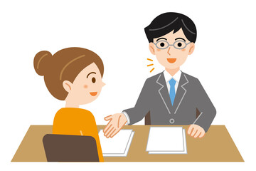 Obraz premium 相談に来た女性に説明をするビジネススーツの男性のイラスト/白背景