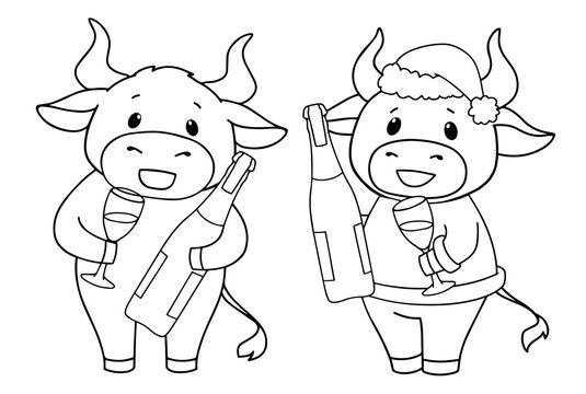 Set of two cartoon cow wearing Christmas costume. Contour vector illustration for children coloring book.