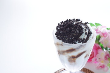 chocolate cookie and mint ice cream with decoration candy