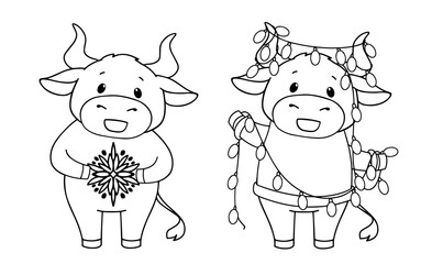 Set of two cartoon cow wearing Christmas costume. Contour vector illustration for children coloring book.