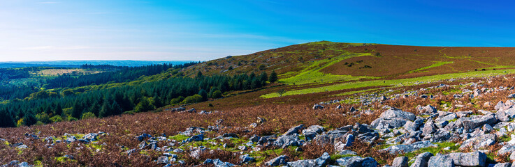 Panorama from Sharpitor to  Burrator Reservoir in Dartmoor National Park in Devon in England in Europe