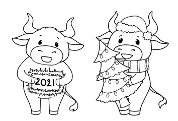 Set of two cartoon cow wearing Christmas costume. Contour vector illustration for children coloring book.