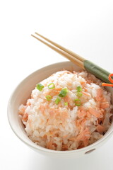 Japanese food, grilled salmon flak mixed rice and green onion