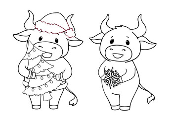 Set of two cartoon cow wearing Christmas costume. Contour vector illustration for children coloring book.