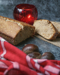 Autumn chestnut cake on a red and white cloth
