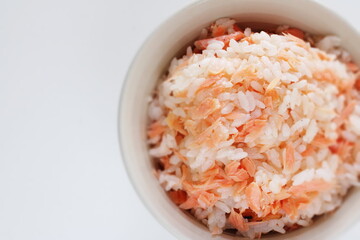 Fototapeta na wymiar Japanese food, grilled salmon flak mixed rice and green onion