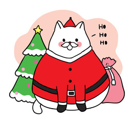 Hand draw cartoon cute Merry Christmas, Santa cat and bag vector.