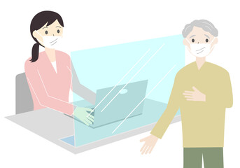 コロナ対策した窓口で相談するシニア