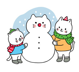 Hand draw cartoon cute Merry Christmas, Cats playing snow vector.
