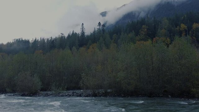 Canadian wild river and forest with mountains bacdrop in a fall