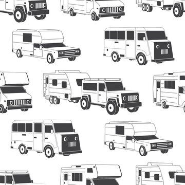 Sseamless pattern with camper vans silhouettes Vector illustration. Background, wallpaper, seamless pattern with motorhome and rv cars