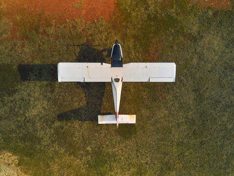 Aerial view of an ultralight airplane at ground in Senago, Lombardy, Italy.