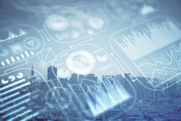 Double exposure of technology theme hologram and cityscape background. Concept of Hightech.