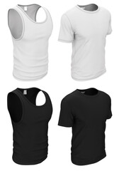 3d illustration of a men's undershirt and T-shirt in white and black color. Classic underwear. Mockup, clothing template isolated on white background.