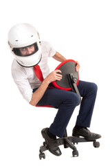Businessman with helmet racing