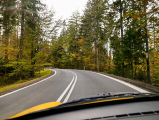 view of the autumn landscape of the road from the driver's seat, Lower Silesia, Poland